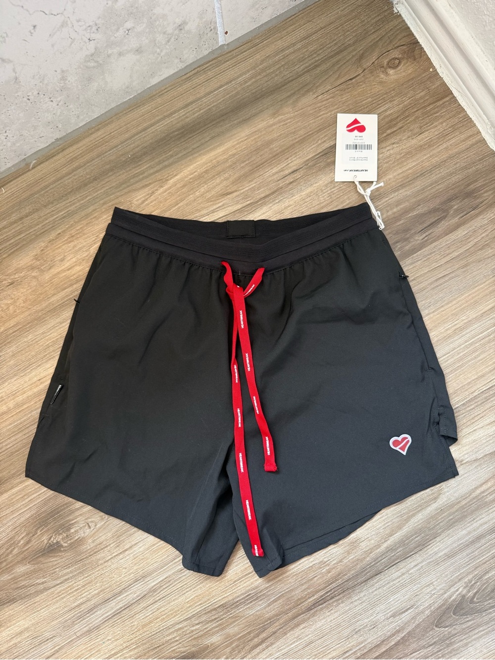 Heartbreak Men's Black Athletic Shorts with Red Drawstring